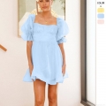 Women Square Neck Puff Sleeve Organza Mini Dress Sexy Backless High Waist A-Line Party Dress Solid Color Sweet Princess Short Sleeve Summer Dresses