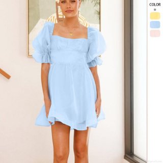 Women Square Neck Puff Sleeve Organza Mini Dress Sexy Backless High Waist A-Line Party Dress Solid Color Sweet Princess Short Sleeve Summer Dresses