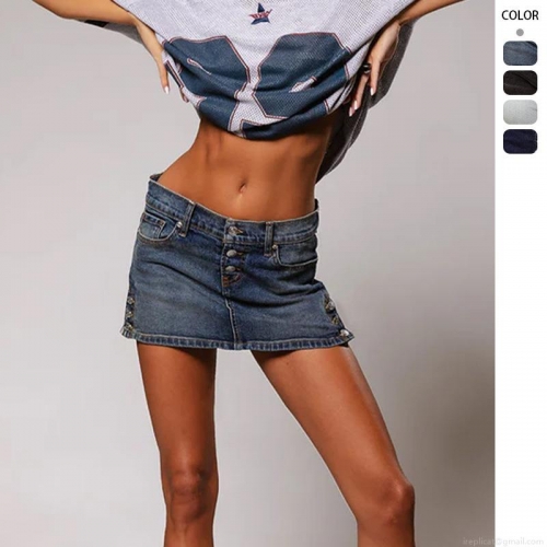 Women's Sexy Low Waist Denim Mini Skirt Distressed Washed Bodycon Short Skirt With Side Buttons Retro Streetwear Hot Girl Style Summer Bottoms