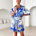 Women's Retro Baroque Floral Print Shirt Dress 95% Polyester Elegant Lapel Button Down Mini Dress With Round Buckle Belt Summer Casual Resort Wear Short Sleeve Dress