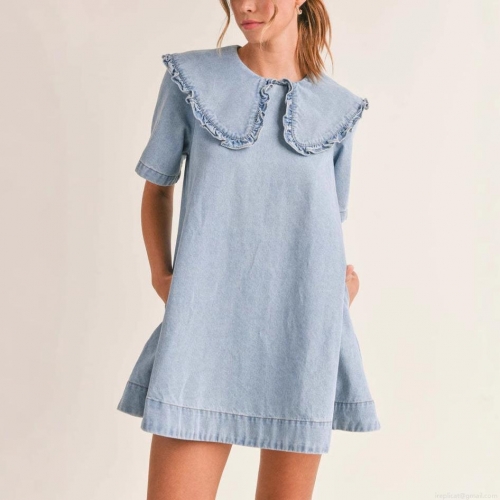 Women Light Blue Denim Dress Ruffle Peter Pan Collar Short Sleeve Loose A-Line Mini Dress Summer Casual Retro Sweet Polyester Denim Sundress