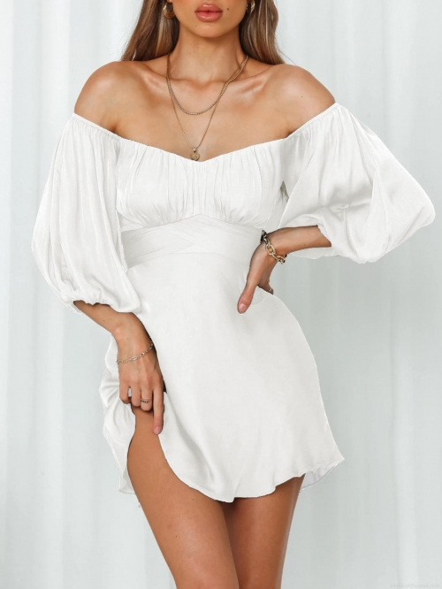 French Square Neck Puff Sleeve Mini Dress Elegant Solid Color Slim Fit Lace-up Back Short Summer Party Beach Vacation Sundress For Women