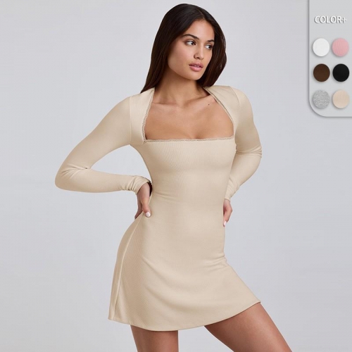Women's Ribbed Knit Mini Dress Square Neck Lace Trim Long Sleeve Bodycon Elegant Slim Fit Short Dress for Party Club Date