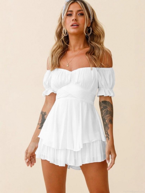 Women's Sexy Off-The-Shoulder Tiered Mini Dress Fashion Lantern Sleeve Cake Skirt Layered Romper Dress Solid Color Elegant Chiffon Dress For Summer Vacation Party Date