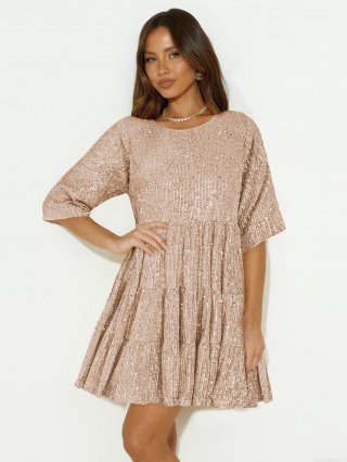 Women Sexy Sparkly Sequin Tiered Mini Dress Round Neck Half Sleeve A-Line Cocktail Party Dress Layered Ruffle Evening Gown