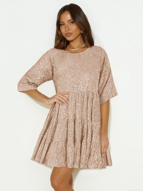 Women Sexy Sparkly Sequin Tiered Mini Dress Round Neck Half Sleeve A-Line Cocktail Party Dress Layered Ruffle Evening Gown