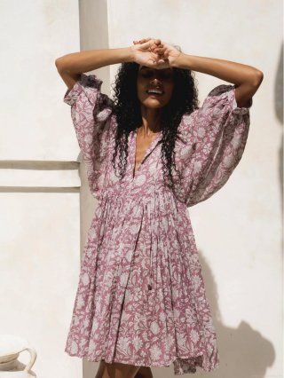 Women's Bohemian Floral Print Mini Dress Loose V-Neck Lantern Sleeve Viscose Beach Vacation Summer Casual Short Dress for Women