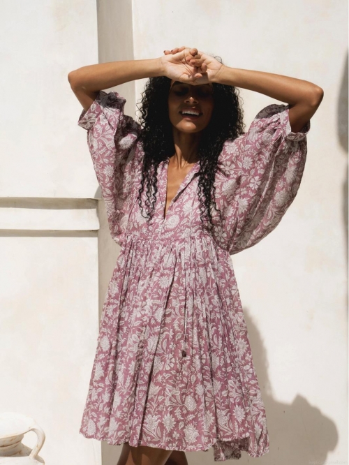 Women's Bohemian Floral Print Mini Dress Loose V-Neck Lantern Sleeve Viscose Beach Vacation Summer Casual Short Dress for Women