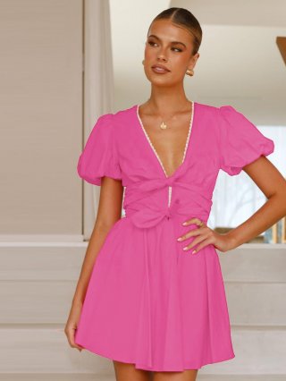 Elegant Viscose Blend V Neck Puff Sleeve Mini Dress With Bow Detail Lace Trim High Waist A-Line Flare Skirt Sexy Sweet Summer Vacation Party Dress For Women