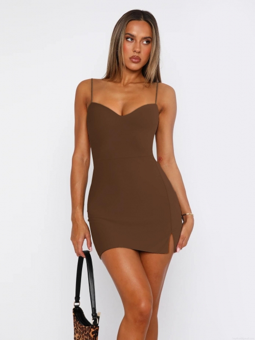 Women Sexy Y2K Bodycon Mini Cami Dress Spaghetti Strap Split Hem Solid Color Sleeveless Clubwear Dress For Summer Party Night Out