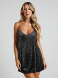 Women's Sexy Sequined Camisole Mini Dress V-Neck Backless Slim Fit Bodycon Party Dress For Night Club Evening Social Events Sparkly Cocktail Attire