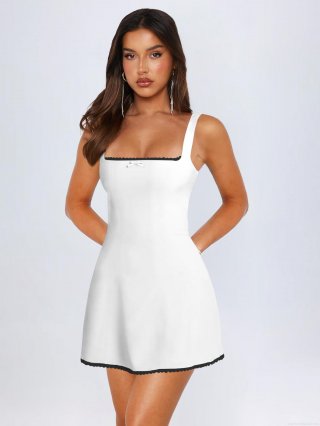 French Audrey Hepburn Style Contrast Lace Trim Mini Dress Women Sexy Slim Fit Square Neck Spaghetti Strap Bodycon Party Clubwear Dress With Bow