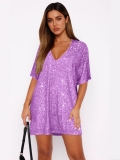 Women's V-Neck Sequin Dress Short Sleeve Loose Elegant Party Mini Dress Glitter Evening Gown For Wedding Banquet Clubwear Sparkly T-Shirt Dress For Ladies