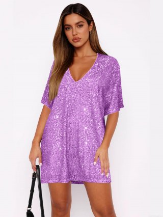 Women's V-Neck Sequin Dress Short Sleeve Loose Elegant Party Mini Dress Glitter Evening Gown For Wedding Banquet Clubwear Sparkly T-Shirt Dress For Ladies