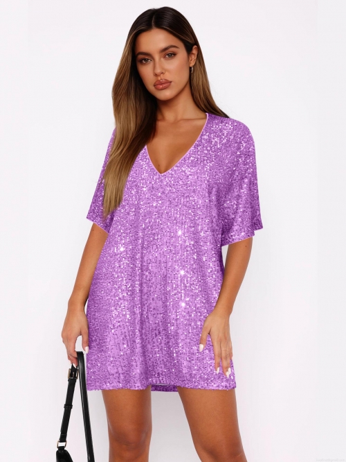 Women's V-Neck Sequin Dress Short Sleeve Loose Elegant Party Mini Dress Glitter Evening Gown For Wedding Banquet Clubwear Sparkly T-Shirt Dress For Ladies
