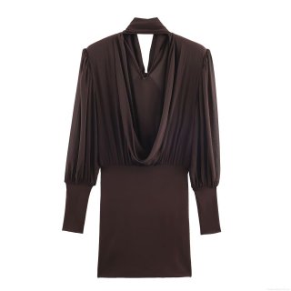 Women Sexy Backless Cowl Neck Mini Dress Fashion Bow Decoration Pleated Long Sleeve Club Party Bodycon Dress Polyester Spandex Coffee Brown Short Dress
