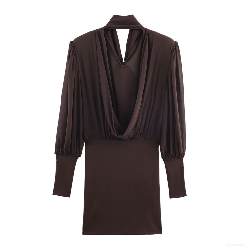 Women Sexy Backless Cowl Neck Mini Dress Fashion Bow Decoration Pleated Long Sleeve Club Party Bodycon Dress Polyester Spandex Coffee Brown Short Dress