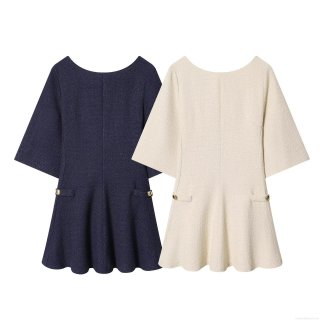 Elegant French Style Tweed A-Line Mini Dress With Gold Metal Buttons Round Neck Half Sleeve Slim Fit Short Dress For Women Office Daily Party Wear