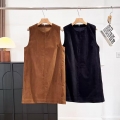Women's Winter Sleeveless Corduroy Mini Dress Round Neck Solid Color Straight Pinafore Dress Casual Vintage Style Vest Dress With Lining