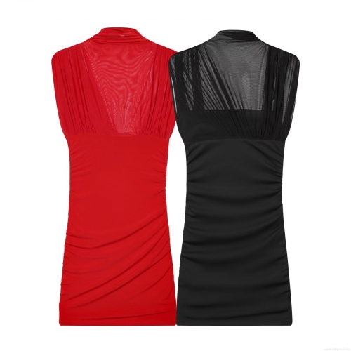 Women's Elegant Mesh Stitching Ruched Mini Dress Sexy Semi High Neck Sleeveless Bodycon Short Dress For Party Dating Clubwear