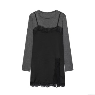 Women's Fake Two-Piece Dress Grey Long Sleeve Knit Inner Patchwork Black Lace Cami Dress Casual Elegant Winter Autumn Mini Dress For Women