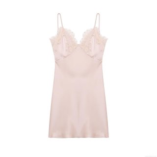 Women's Sexy Pink Satin Mini Slip Dress Backless Lace Patchwork V-Neck Sleeveless Party Dress Sleepwear Nightgown Silky Soft Evening Dress