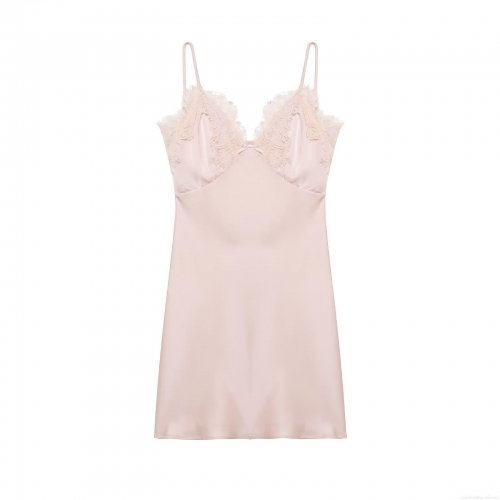 Women's Sexy Pink Satin Mini Slip Dress Backless Lace Patchwork V-Neck Sleeveless Party Dress Sleepwear Nightgown Silky Soft Evening Dress