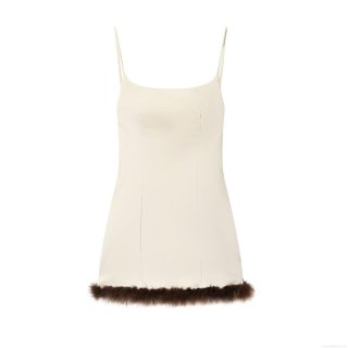 Sexy Backless Camisole Dress For Women With Brown Feather Trim Double-faced Acetate Mini Slip Dress For Evening Party Cocktail Clubwear
