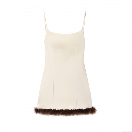 Sexy Backless Camisole Dress For Women With Brown Feather Trim Double-faced Acetate Mini Slip Dress For Evening Party Cocktail Clubwear