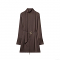 Elegant Women's Satin Mini Dress Long Sleeve Semi-High Collar With Gold Metal Buckle Belt Dark Brown Silk-Like Loose Fit Cocktail Party Casual Short Dress For Ladies