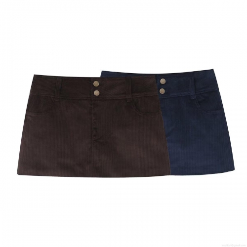 Women's Casual Corduroy Mini Skirt Low Waist Double Button A-Line Short Skirt With Pockets Fashion Solid Color Polyester Corduroy Bottom For Daily Wear