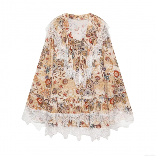 Women's Long Sleeve Floral Paisley Midi Dress With White Lace Trim V-Neck Tie Front Bohemian Rayon Polyester Patchwork Loose A-Line Dress For Daily Vacation