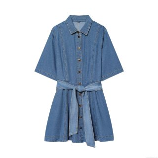 Women's Fashion Short Sleeve Denim Mini Dress Casual Blue Lapel Button Down Tie Waist A-Line Shirt Dress For Daily Ladies Spring Summer Outfits