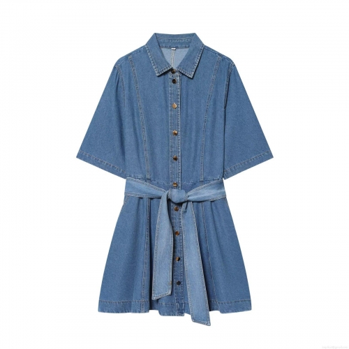 Women's Fashion Short Sleeve Denim Mini Dress Casual Blue Lapel Button Down Tie Waist A-Line Shirt Dress For Daily Ladies Spring Summer Outfits