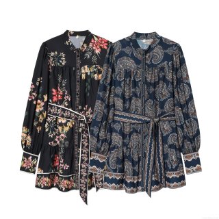 Boho Paisley Floral Print Long Sleeve A-Line Dress With Tie Waist V-Neck Ruffle Hem Elegant Spring Autumn Fashion For Women