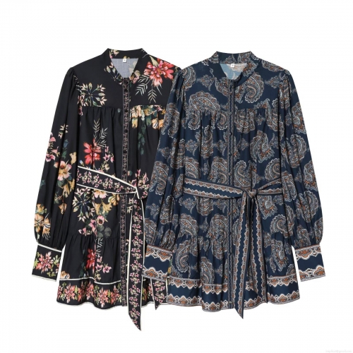 Boho Paisley Floral Print Long Sleeve A-Line Dress With Tie Waist V-Neck Ruffle Hem Elegant Spring Autumn Fashion For Women