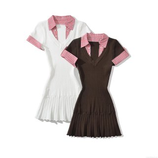 Women's Knit Patchwork Mini Dress Short Sleeve V-Neck Plaid Collar Pleated Hem Preppy Style Slim Fit Sweet Summer A-Line Dress