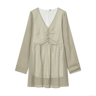 Elegant Women Long Sleeve V-Neck Mini Dress Polyester Spandex Herringbone Jacquard Ruched Waist A-Line Pullover Dress For Daily Commute
