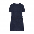 Women's Elegant Dark Blue Tweed Mini Dress With Belt Short Sleeve Round Neck Classic Retro A-Line Spliced Dress For Daily Office Lady