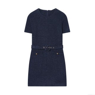 Women's Elegant Dark Blue Tweed Mini Dress With Belt Short Sleeve Round Neck Classic Retro A-Line Spliced Dress For Daily Office Lady