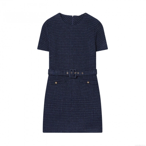 Women's Elegant Dark Blue Tweed Mini Dress With Belt Short Sleeve Round Neck Classic Retro A-Line Spliced Dress For Daily Office Lady