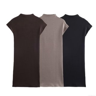 Women Sleeveless Mock Neck Knit Mini Dress Slim Fit Solid Color Stretch Polyester Casual Bodycon Short Dress For Women Daily Wear