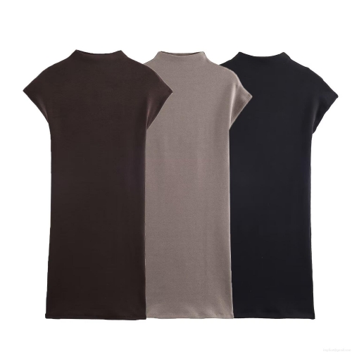 Women Sleeveless Mock Neck Knit Mini Dress Slim Fit Solid Color Stretch Polyester Casual Bodycon Short Dress For Women Daily Wear