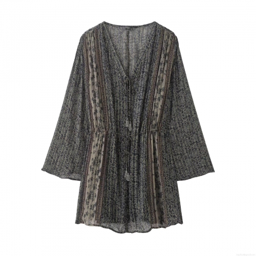 Women's Bohemian Metallic Thread Print Mini Dress Long Sleeve V-Neck Tie Drawstring Waist Tassels Vintage Floral Paisley Polyester Chiffon Vacation Party Dress