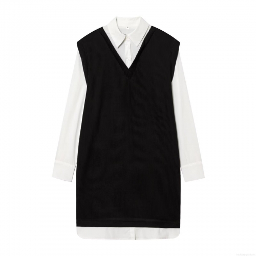 Women's Fake Two-Piece Patchwork Dress Elegant Lapel Shirt Long Sleeve Knit Vest Mini Dress Casual Fashion Pullover A-Line Short Dress For Women Daily Office Wear