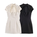 Women Short Sleeve Polka Dot Mini Dress Hollow Out Back Bow Tie Stand Collar Slim Fit Polyester Retro Sweet Style Party Evening Vacation Dresses For Women