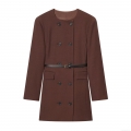 Women's Elegant Double-Breasted Suit Dress With Belt Long Sleeve Round Neck Solid Color Coffee Mini A-Line Dress For Office Daily Commuting