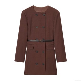 Women's Elegant Double-Breasted Suit Dress With Belt Long Sleeve Round Neck Solid Color Coffee Mini A-Line Dress For Office Daily Commuting
