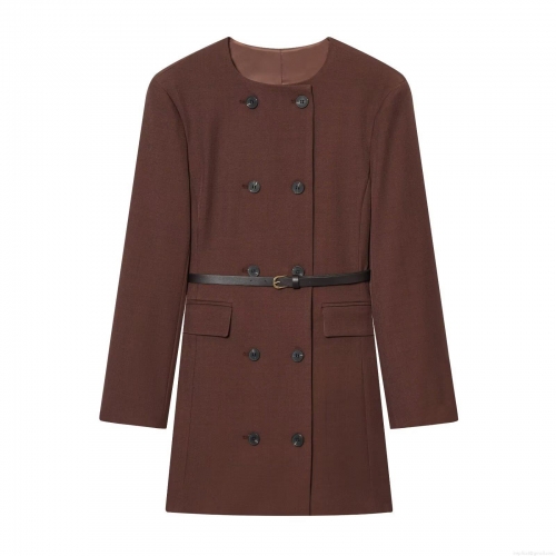 Women's Elegant Double-Breasted Suit Dress With Belt Long Sleeve Round Neck Solid Color Coffee Mini A-Line Dress For Office Daily Commuting
