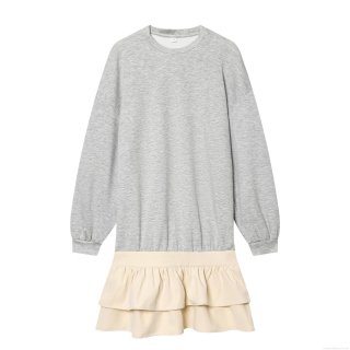 Women's Long Sleeve Patchwork Mini Dress Cotton Blend Sweatshirt Ruffle Hem Casual Loose Fit Round Neck Dress For Spring Autumn Daily